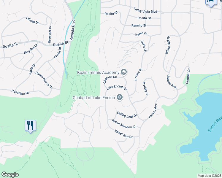 map of restaurants, bars, coffee shops, grocery stores, and more near 18146 Lake Encino Drive in Los Angeles