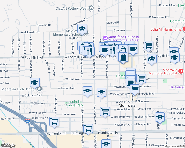 map of restaurants, bars, coffee shops, grocery stores, and more near 309 South Alta Vista Avenue in Monrovia