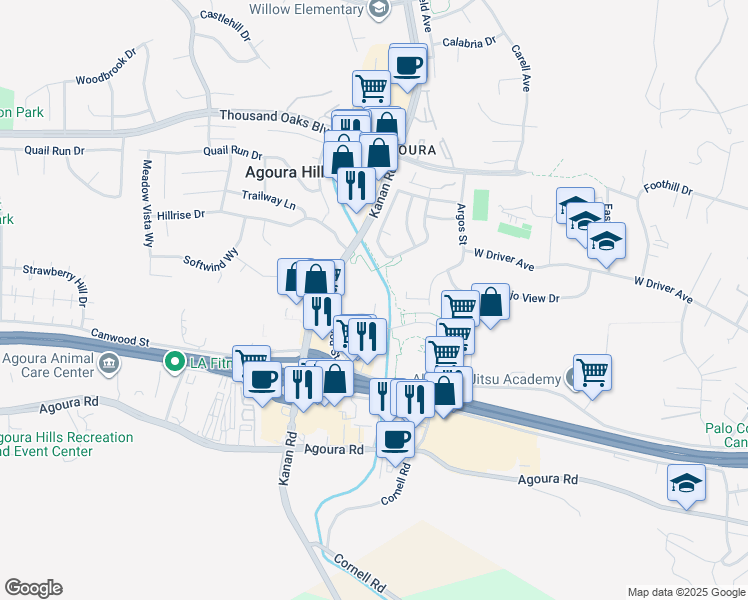 map of restaurants, bars, coffee shops, grocery stores, and more near 5327 Willow Court in Agoura Hills