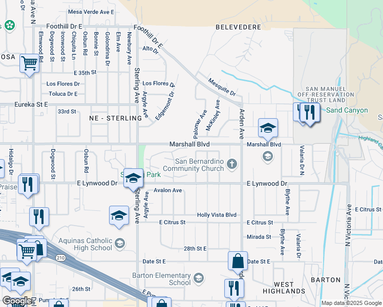 map of restaurants, bars, coffee shops, grocery stores, and more near 2226 Val Mar Drive in San Bernardino