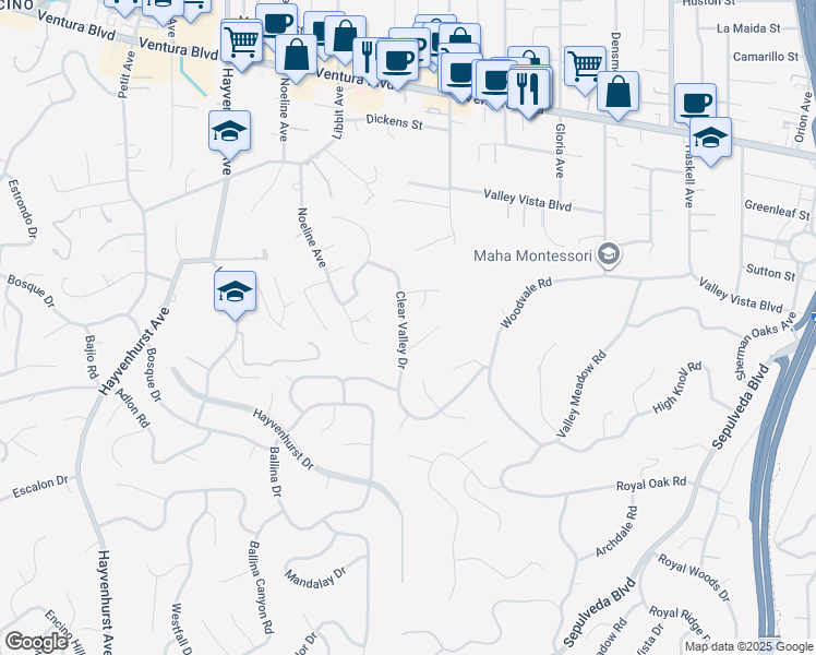 map of restaurants, bars, coffee shops, grocery stores, and more near 4300 Clear Valley Drive in Los Angeles