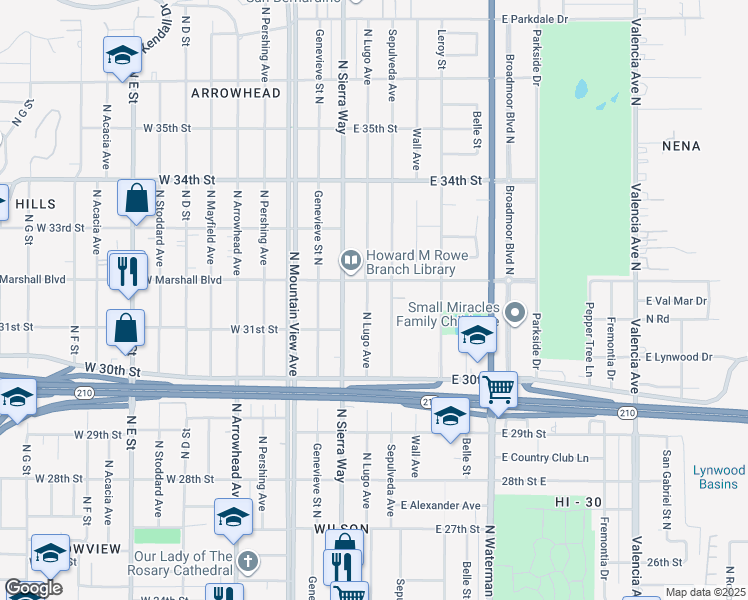 map of restaurants, bars, coffee shops, grocery stores, and more near 151 East Marshall Boulevard in San Bernardino