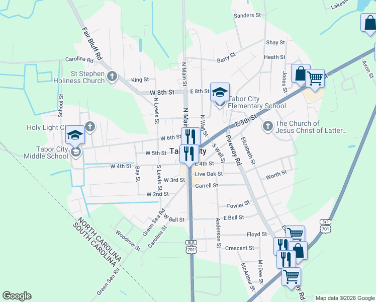 map of restaurants, bars, coffee shops, grocery stores, and more near in Tabor City