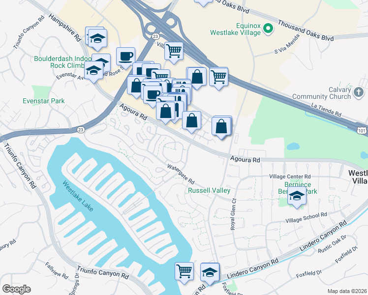 map of restaurants, bars, coffee shops, grocery stores, and more near 1138 Landsburn Circle in Westlake Village