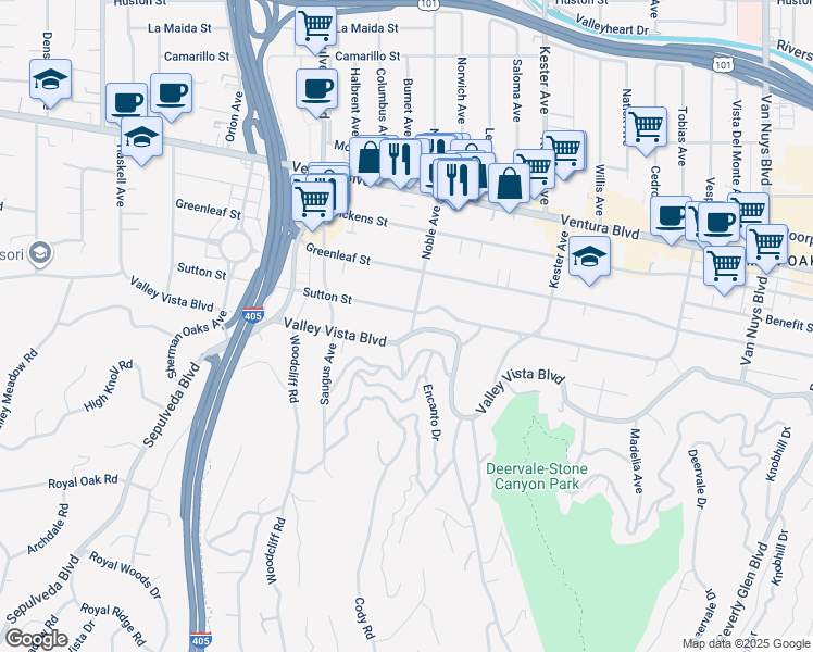 map of restaurants, bars, coffee shops, grocery stores, and more near 4307 Noble Avenue in Los Angeles