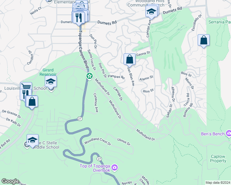 map of restaurants, bars, coffee shops, grocery stores, and more near 4501 Canoga Drive in Los Angeles