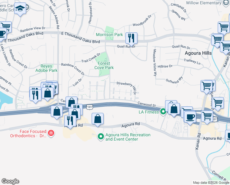 map of restaurants, bars, coffee shops, grocery stores, and more near 29719 Windsong Lane in Agoura Hills