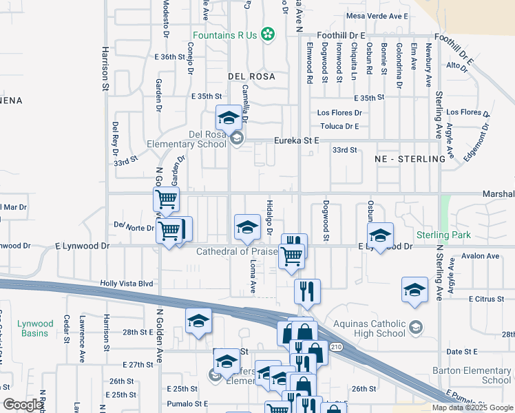 map of restaurants, bars, coffee shops, grocery stores, and more near 1466 Val Mar Drive in San Bernardino