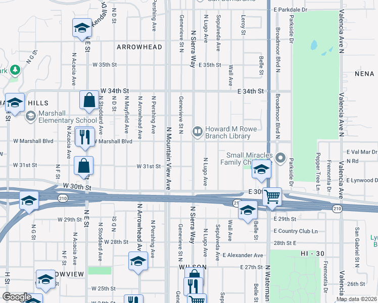 map of restaurants, bars, coffee shops, grocery stores, and more near 3160 North Sierra Way in San Bernardino