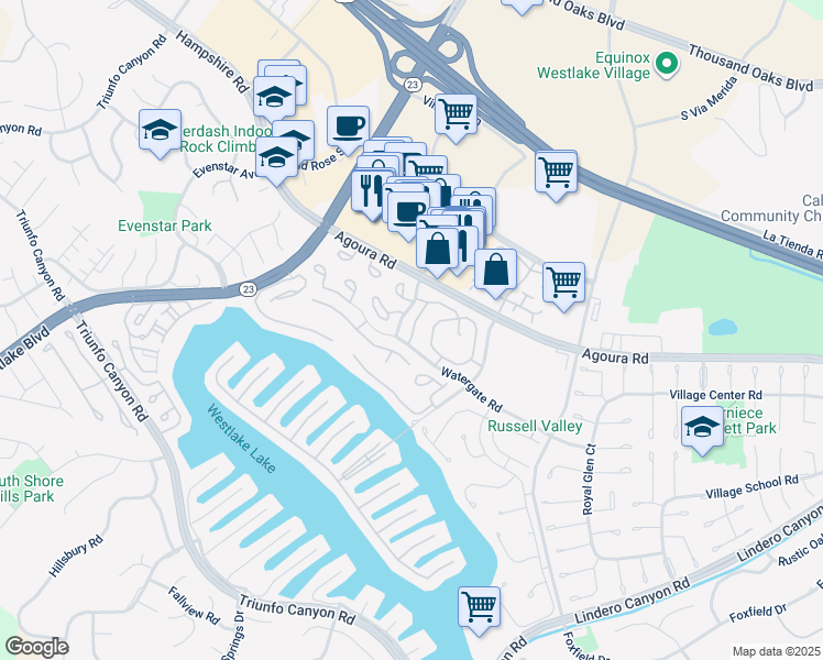 map of restaurants, bars, coffee shops, grocery stores, and more near in Thousand Oaks