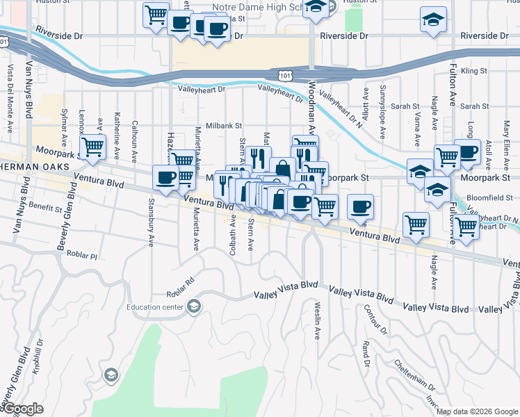 map of restaurants, bars, coffee shops, grocery stores, and more near 13833 Ventura Boulevard in Los Angeles