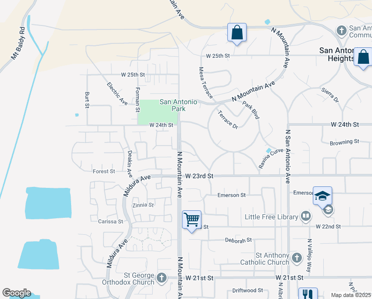 map of restaurants, bars, coffee shops, grocery stores, and more near 2360 North Mountain Avenue in Upland