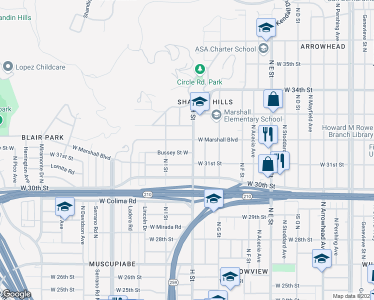 map of restaurants, bars, coffee shops, grocery stores, and more near 820 Bussey Street West in San Bernardino
