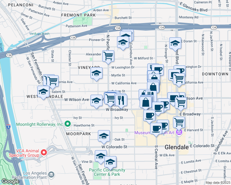 map of restaurants, bars, coffee shops, grocery stores, and more near 362 Salem Street in Glendale