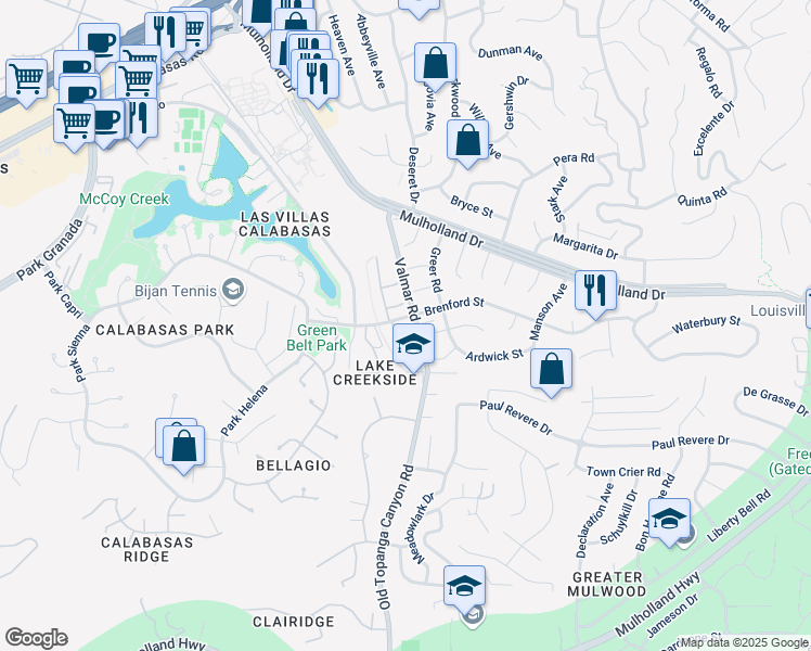 map of restaurants, bars, coffee shops, grocery stores, and more near 23043 Park Este in Calabasas