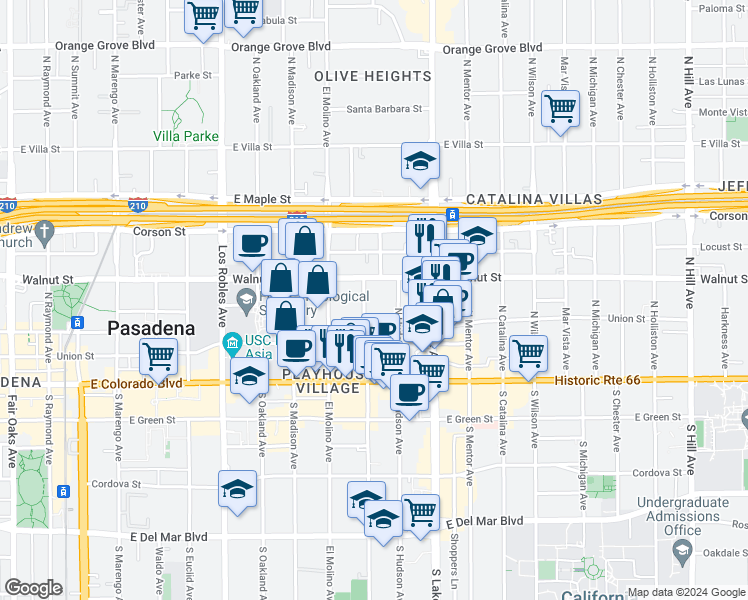 map of restaurants, bars, coffee shops, grocery stores, and more near 164 North Oak Knoll Avenue in Pasadena