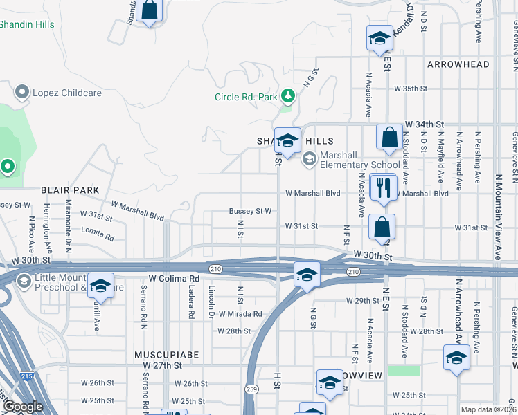 map of restaurants, bars, coffee shops, grocery stores, and more near 820 Bussey Street West in San Bernardino