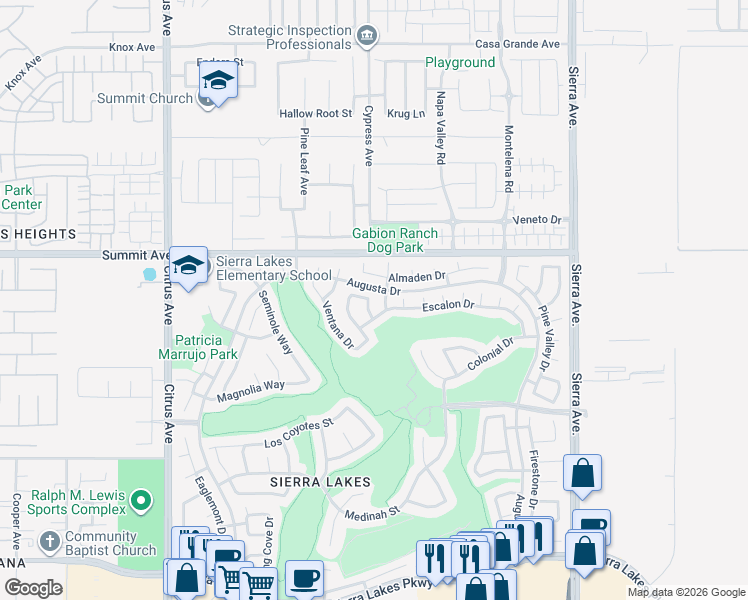 map of restaurants, bars, coffee shops, grocery stores, and more near 5785 Hacienda Way in Fontana