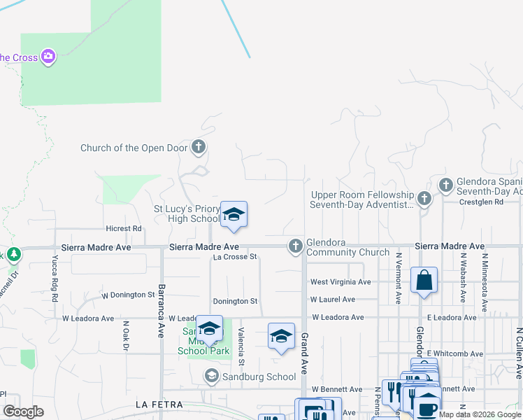 map of restaurants, bars, coffee shops, grocery stores, and more near 812 Cloverview Drive in Glendora