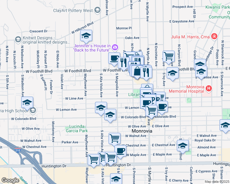 map of restaurants, bars, coffee shops, grocery stores, and more near 244 West Palm Avenue in Monrovia
