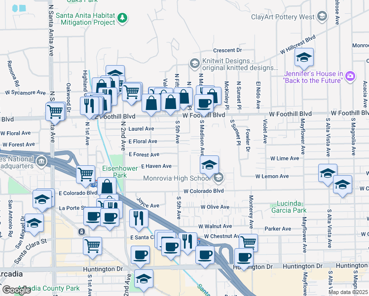 map of restaurants, bars, coffee shops, grocery stores, and more near 222 Fifth Avenue in Monrovia