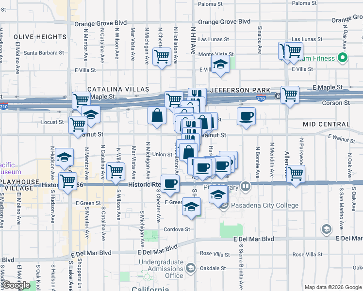 map of restaurants, bars, coffee shops, grocery stores, and more near 1380 East Walnut Street in Pasadena