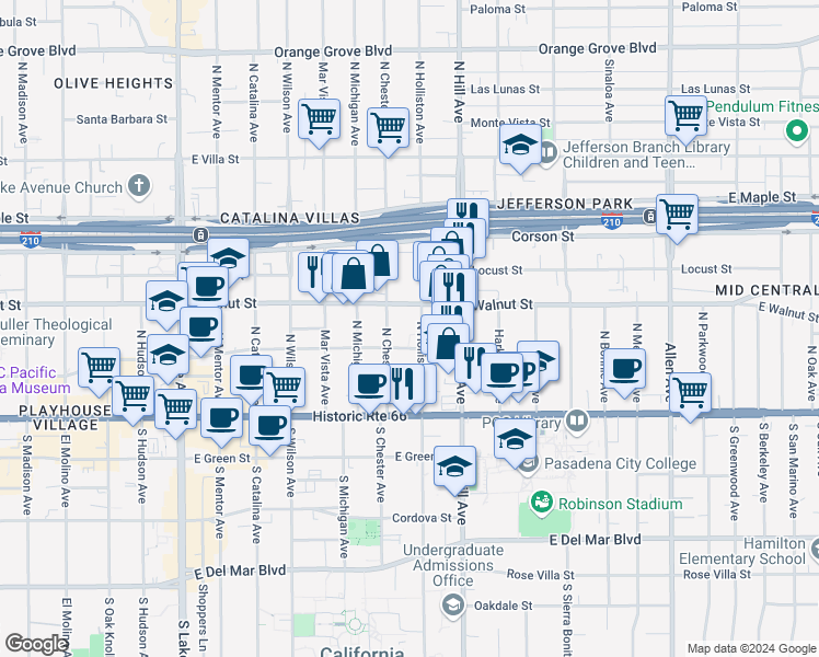 map of restaurants, bars, coffee shops, grocery stores, and more near 171 North Holliston Avenue in Pasadena