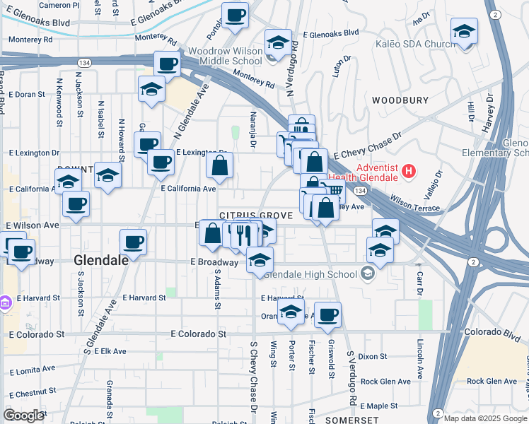 map of restaurants, bars, coffee shops, grocery stores, and more near in Glendale