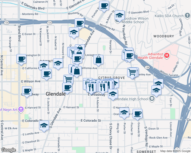 map of restaurants, bars, coffee shops, grocery stores, and more near 223 North Adams Street in Glendale