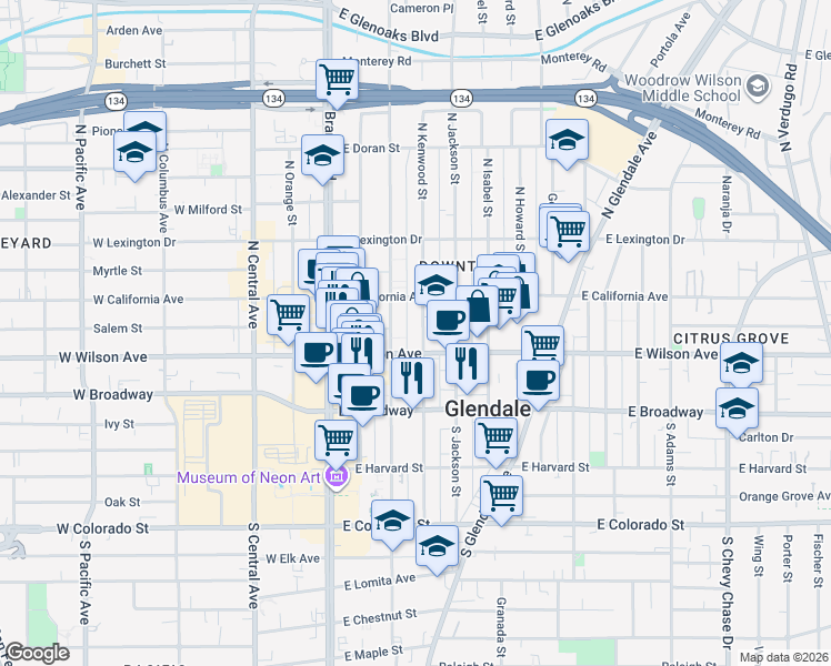map of restaurants, bars, coffee shops, grocery stores, and more near 220 North Kenwood Street in Glendale