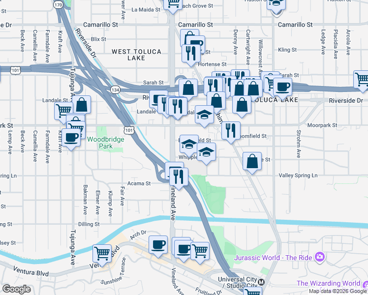 map of restaurants, bars, coffee shops, grocery stores, and more near 10942 Bloomfield Street in Los Angeles