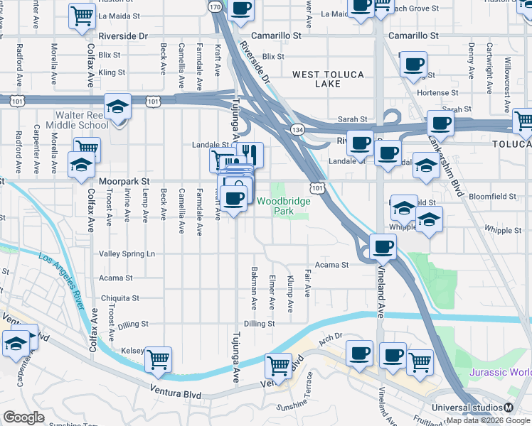 map of restaurants, bars, coffee shops, grocery stores, and more near 4343 Elmer Avenue in Los Angeles