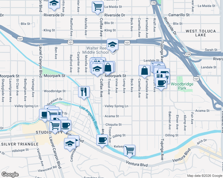 map of restaurants, bars, coffee shops, grocery stores, and more near 4357 Irvine Avenue in Los Angeles
