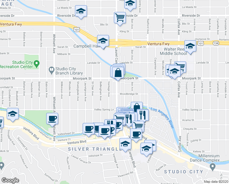 map of restaurants, bars, coffee shops, grocery stores, and more near 4312 Laurel Canyon Boulevard in Los Angeles