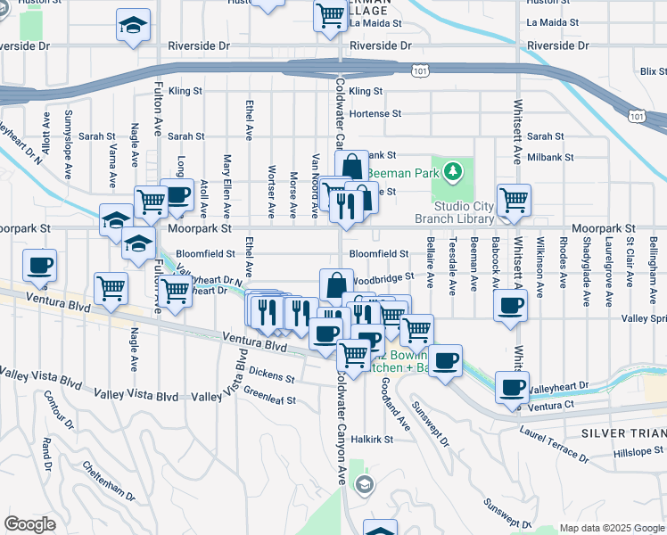 map of restaurants, bars, coffee shops, grocery stores, and more near 12918 Bloomfield Street in Los Angeles
