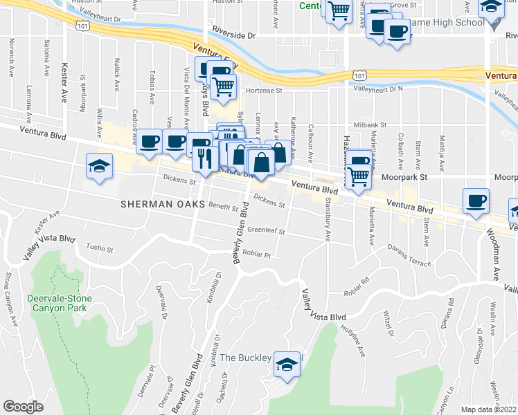 map of restaurants, bars, coffee shops, grocery stores, and more near 4300 Beverly Glen Boulevard in Los Angeles