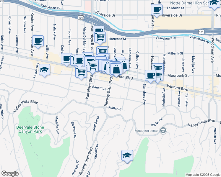 map of restaurants, bars, coffee shops, grocery stores, and more near 4300 Beverly Glen Boulevard in Los Angeles