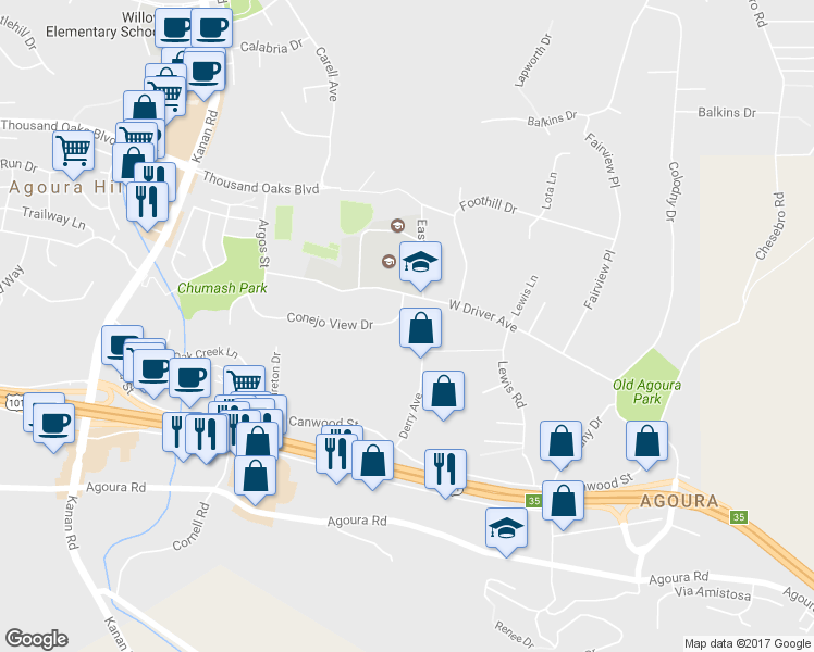 map of restaurants, bars, coffee shops, grocery stores, and more near 28505 Conejo View Drive in Agoura Hills