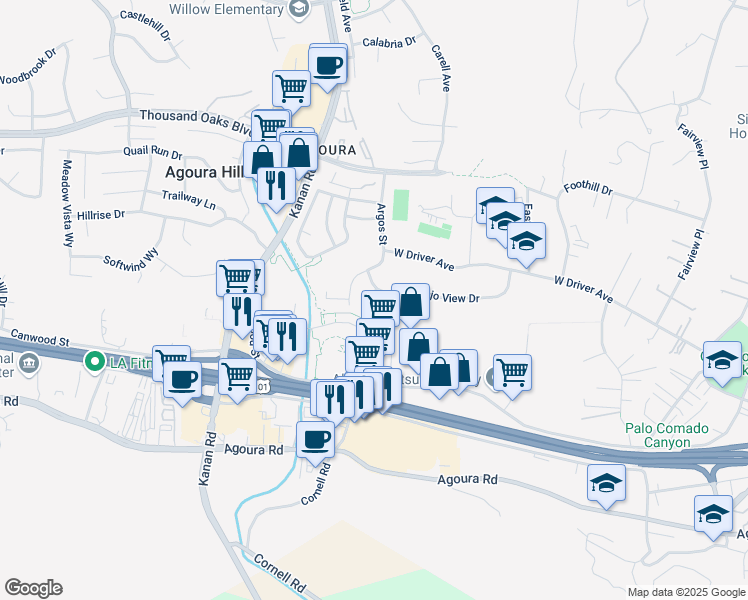 map of restaurants, bars, coffee shops, grocery stores, and more near 28864 Conejo View Drive in Agoura Hills