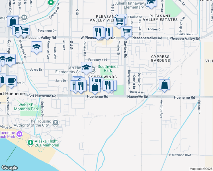 map of restaurants, bars, coffee shops, grocery stores, and more near 331 Cuesta Del Mar Drive in Oxnard