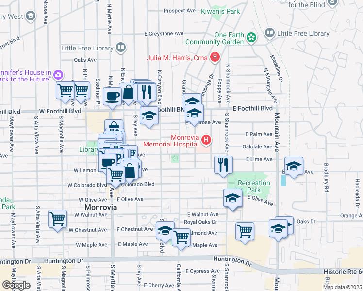 map of restaurants, bars, coffee shops, grocery stores, and more near 316 California Avenue in Monrovia