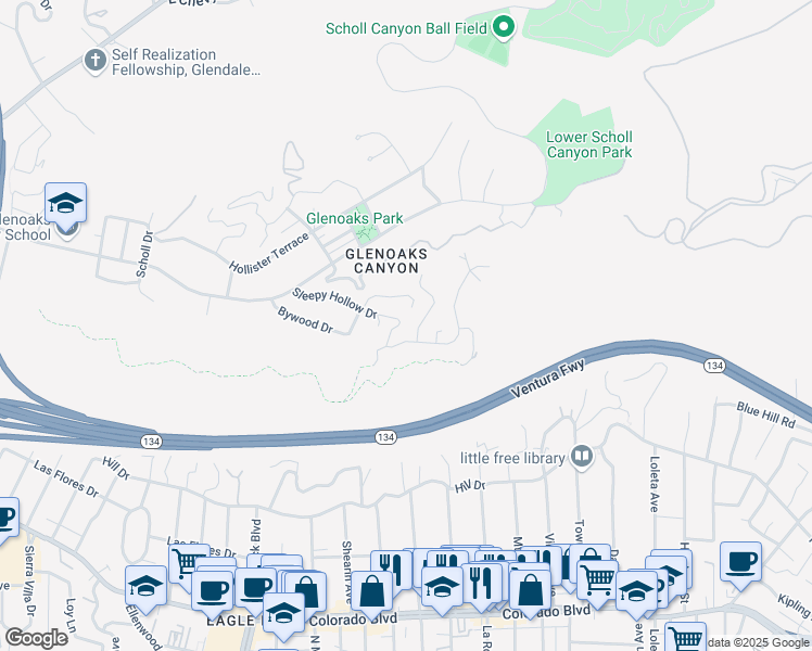 map of restaurants, bars, coffee shops, grocery stores, and more near 2541 Sleepy Hollow Drive in Glendale