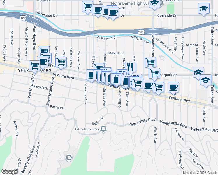 map of restaurants, bars, coffee shops, grocery stores, and more near 14010 Ventura Boulevard in Los Angeles