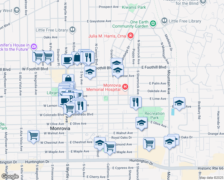 map of restaurants, bars, coffee shops, grocery stores, and more near 316 California Avenue in Monrovia