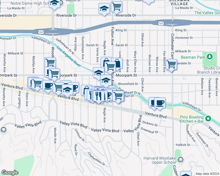 map of restaurants, bars, coffee shops, grocery stores, and more near 4301 Fulton Avenue in Los Angeles