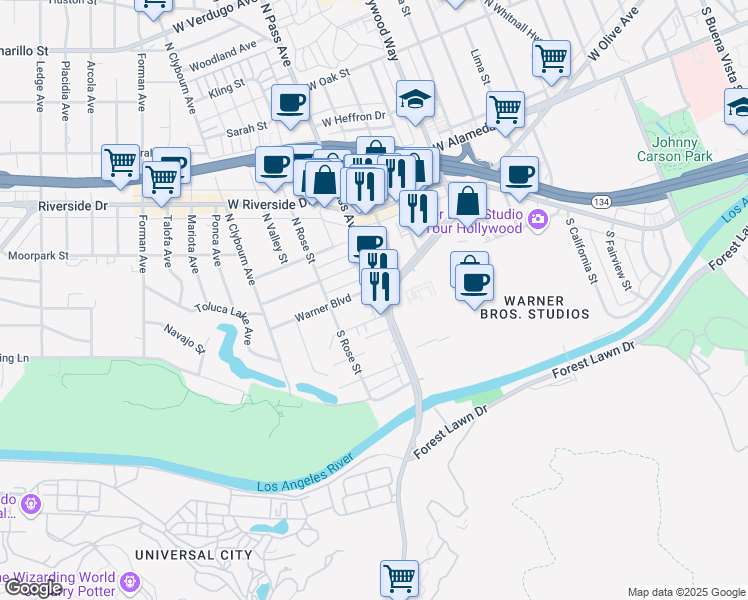 map of restaurants, bars, coffee shops, grocery stores, and more near 4109 West Olive Avenue in Burbank