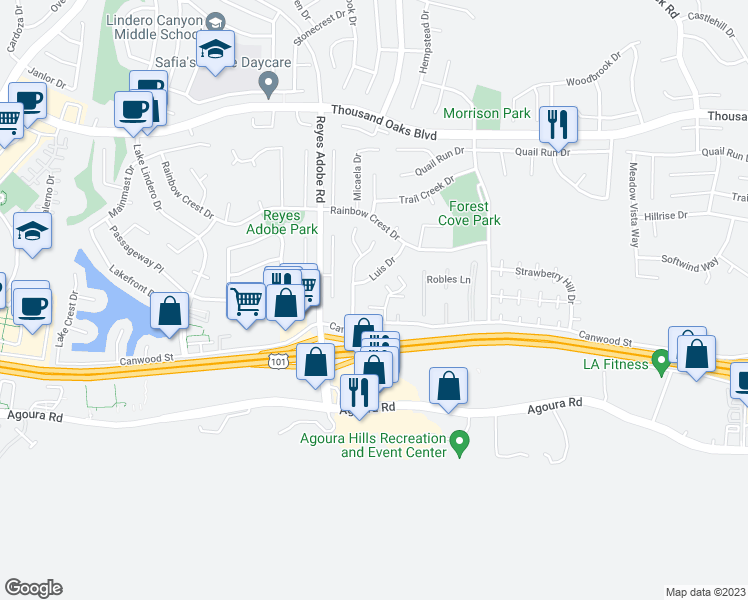 map of restaurants, bars, coffee shops, grocery stores, and more near 30117 Leticia Court in Agoura Hills