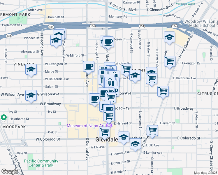 map of restaurants, bars, coffee shops, grocery stores, and more near 216 North Brand Boulevard in Glendale