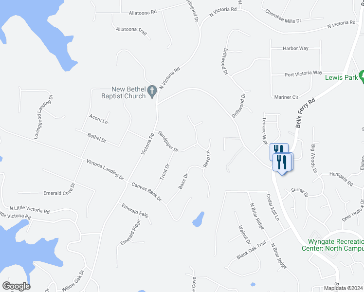 map of restaurants, bars, coffee shops, grocery stores, and more near 1513 Sandpiper Drive in Woodstock