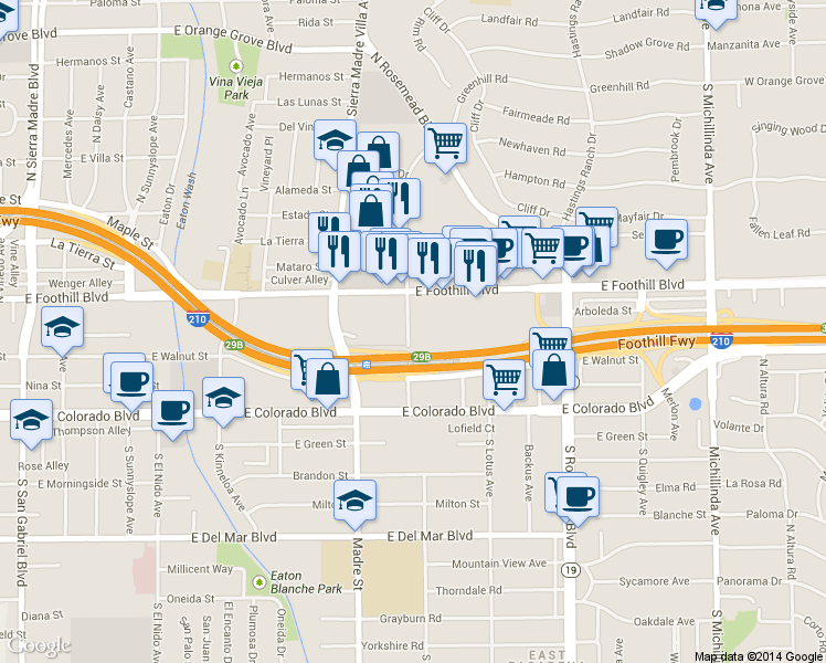 map of restaurants, bars, coffee shops, grocery stores, and more near 150 North Halstead Street in Pasadena